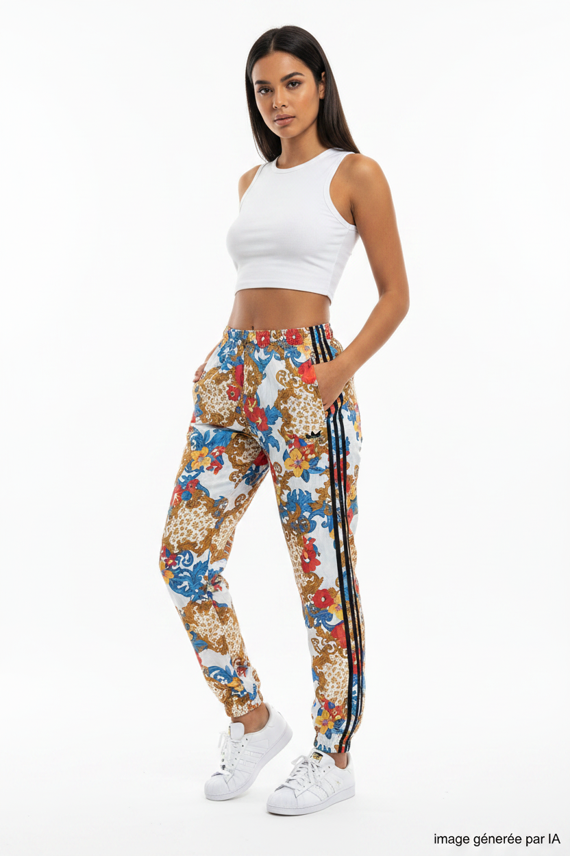Pantalon Adidas baroque floral porté par mannequin