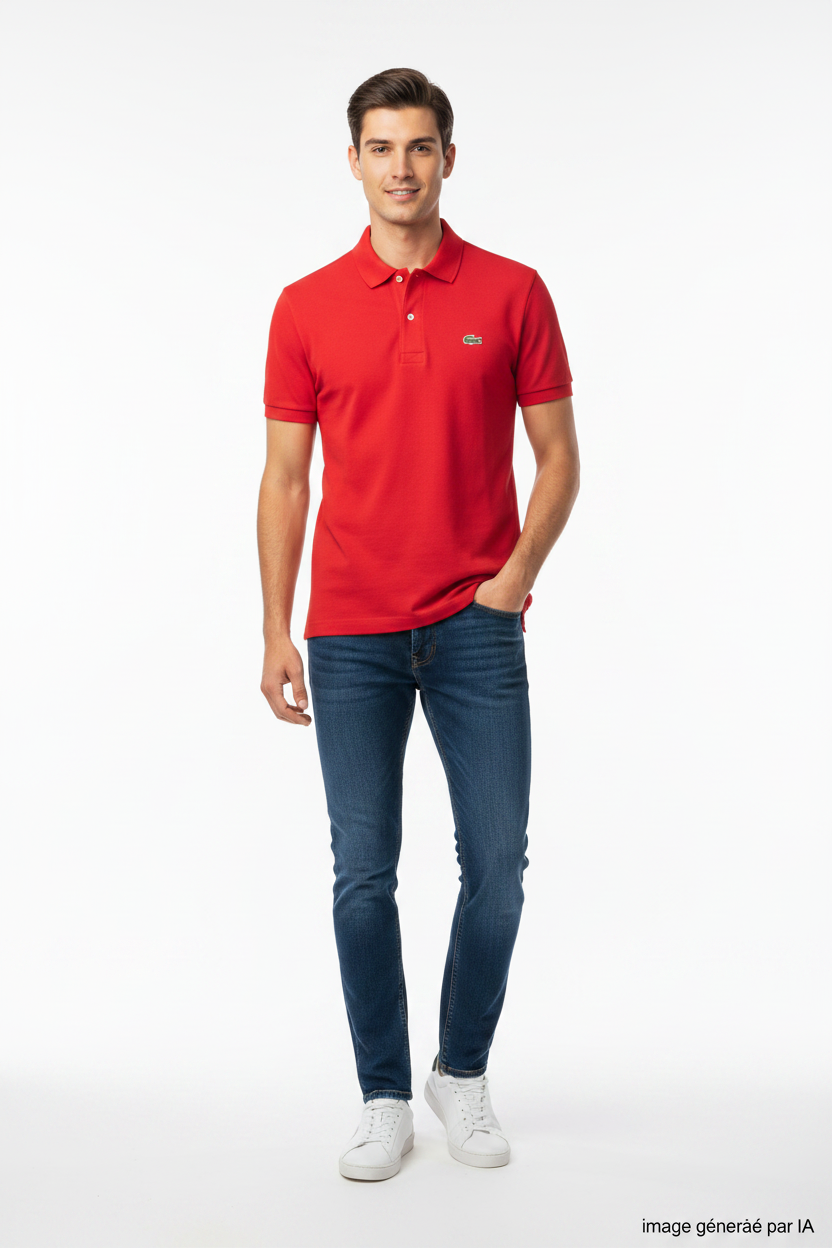Polo Lacoste rouge classique porté par mannequin