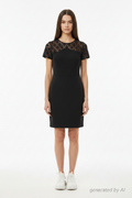 Robe noire dentelle jacquard épaules - vue de face