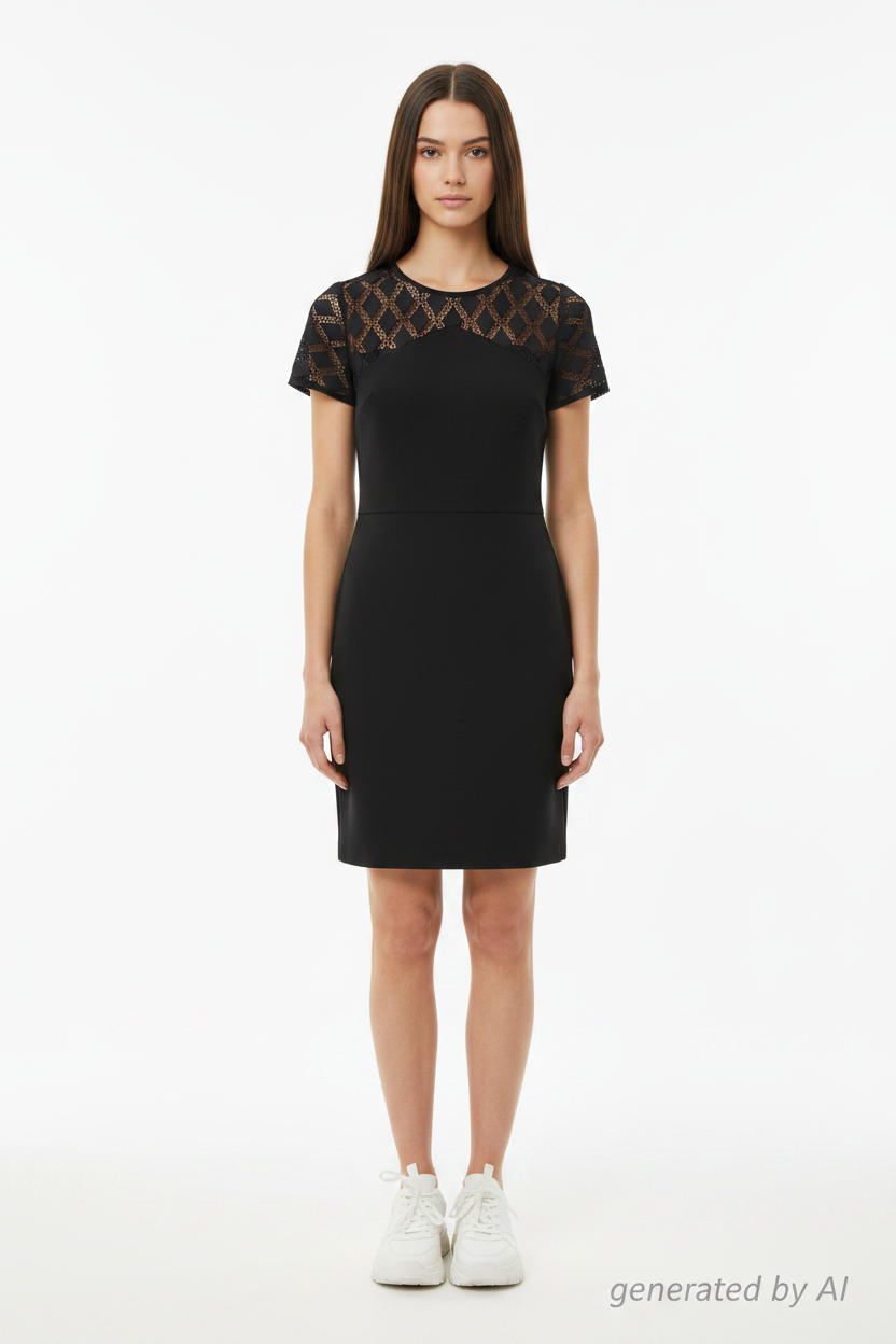 Robe noire dentelle jacquard épaules - vue de face