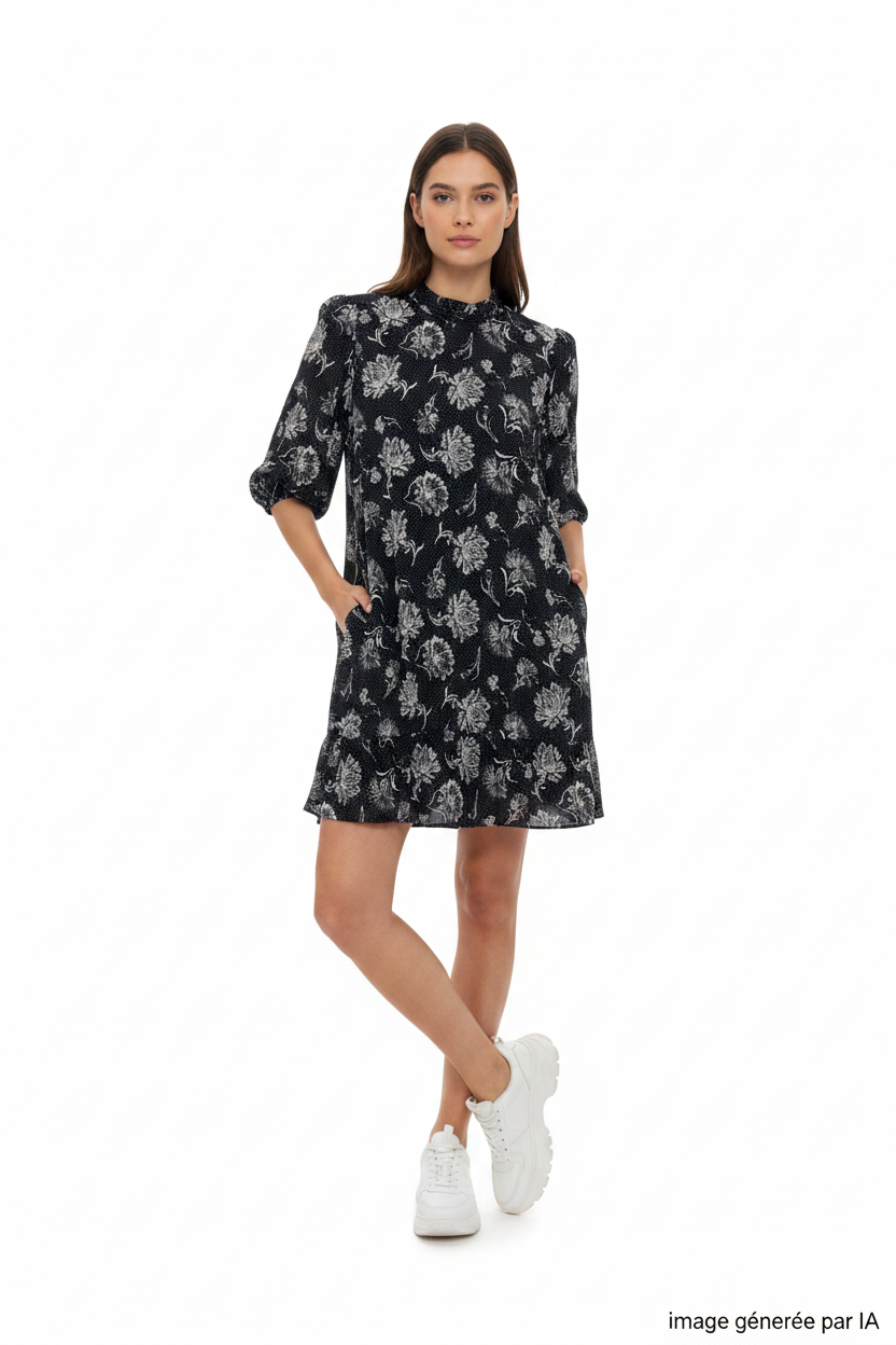 Robe noire fleurie portée par mannequin baskets