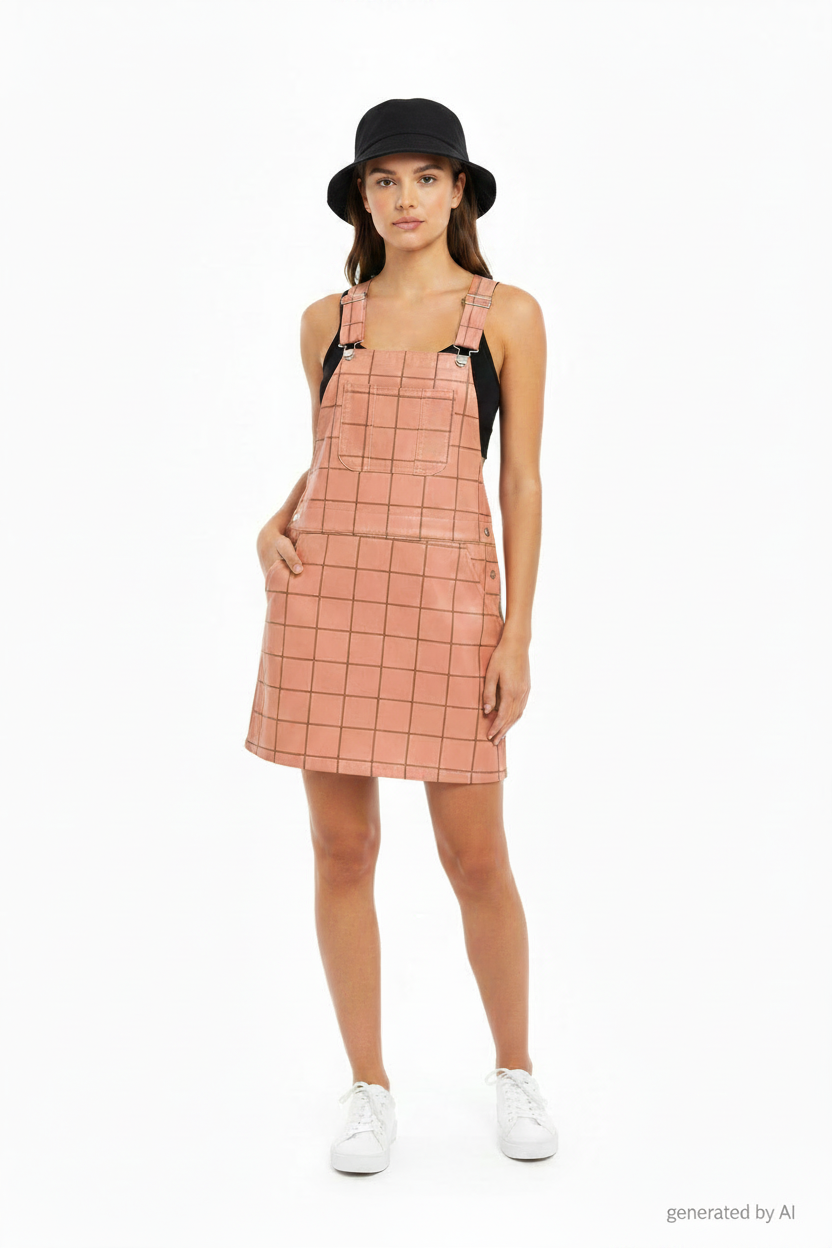 Robe salopette Obey pêche carreaux portée femme fond blanc