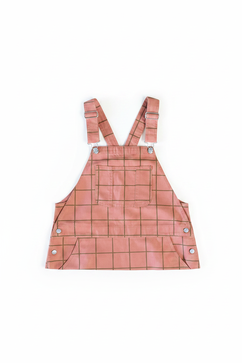 Robe salopette pêche-corail foncée quadrillée