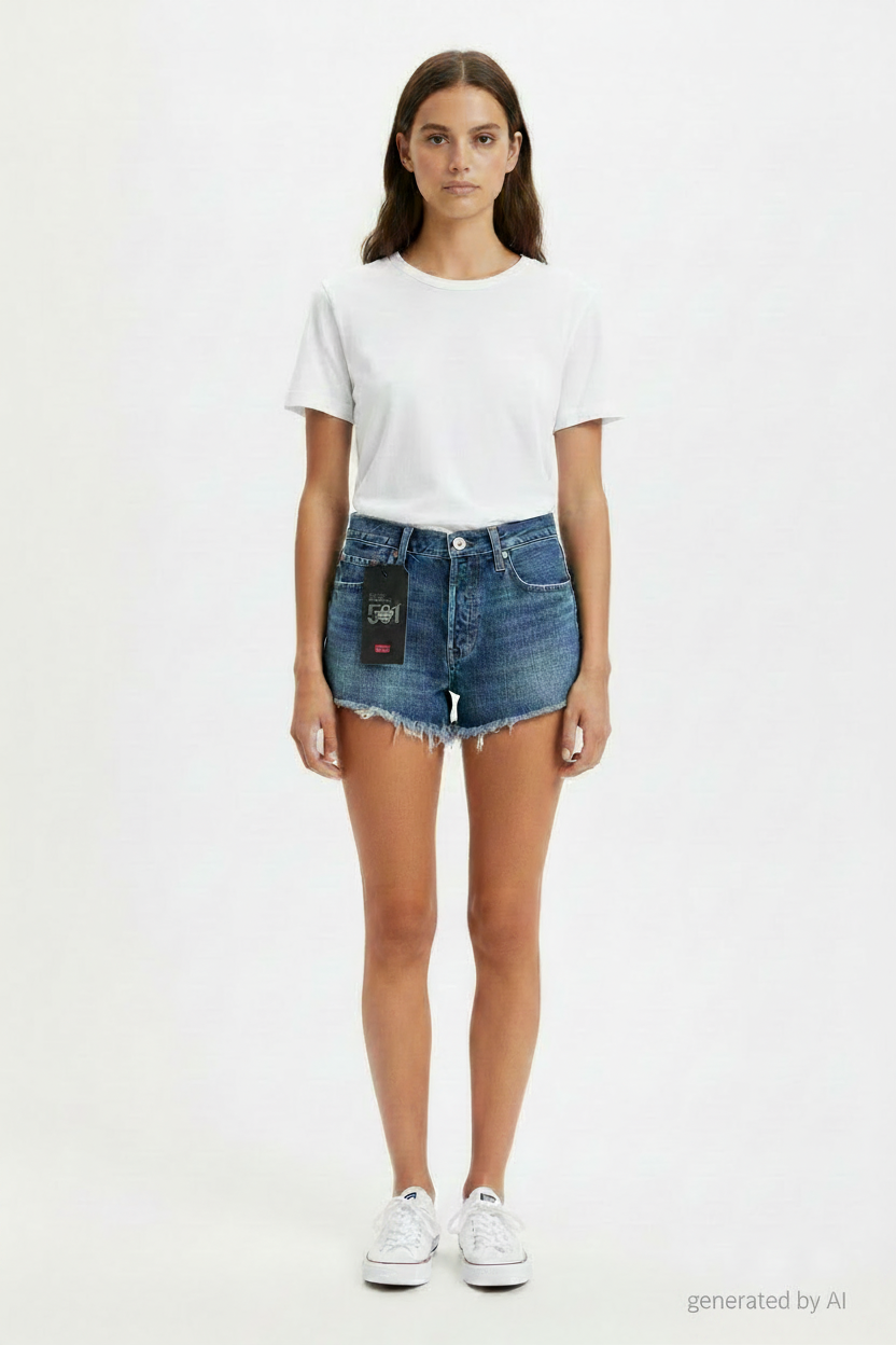 Short Levi's 501 bleu marine porté femme fond blanc