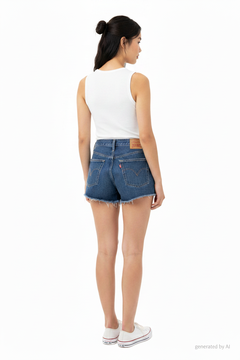 Short Levi's 501 vue de dos porté femme fond blanc