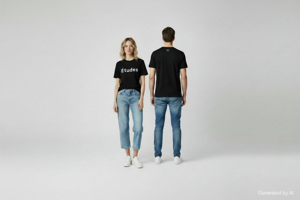 T-shirt noir Études - femme de face et homme de dos