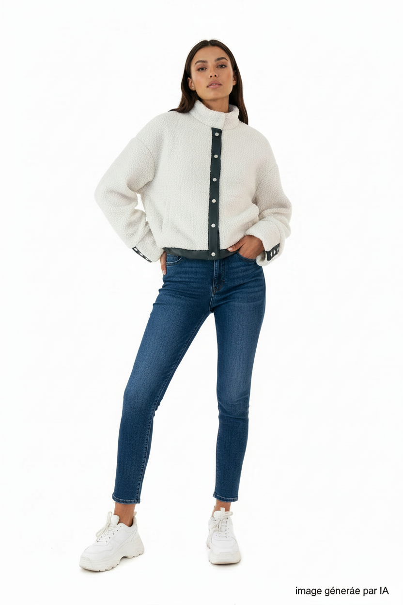 Veste sherpa blanche manches oversize au-dessus du poignet